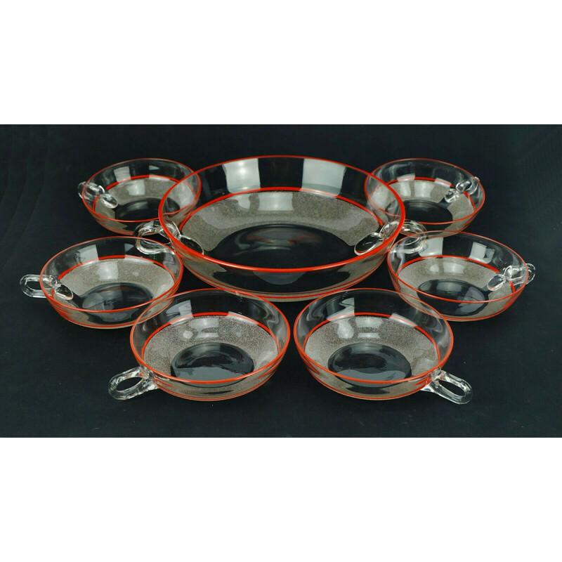 Set of 7 vintage art deco red glass dessert bowls 1930s