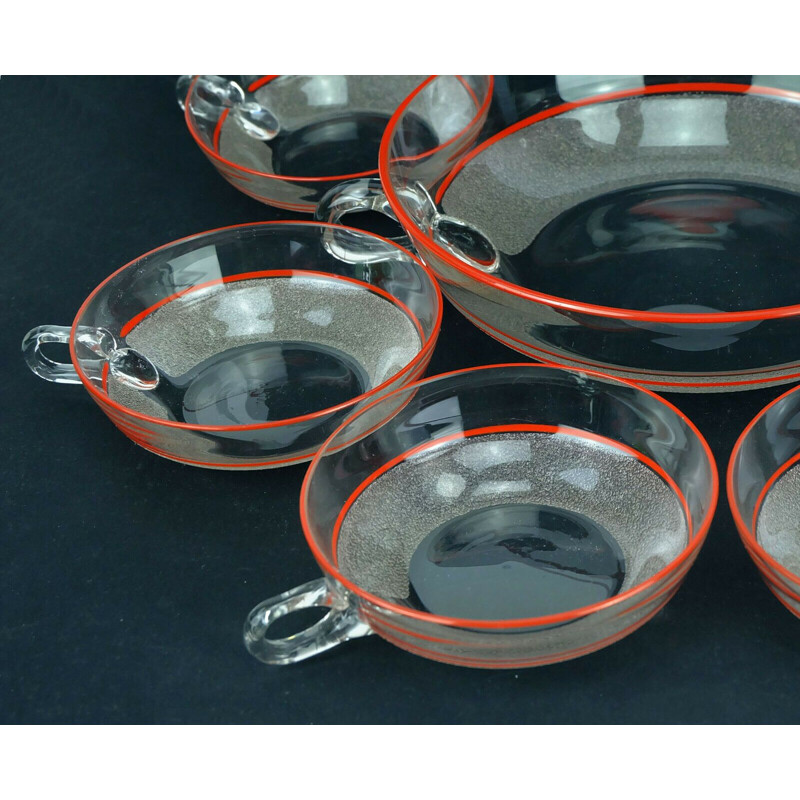 Set of 7 vintage art deco red glass dessert bowls 1930s