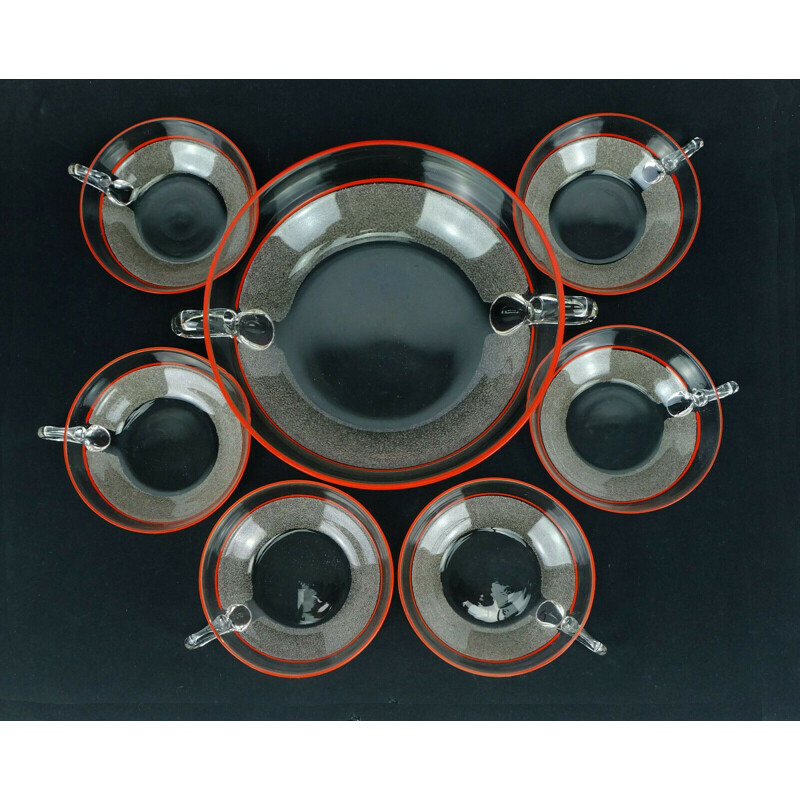 Set of 7 vintage art deco red glass dessert bowls 1930s