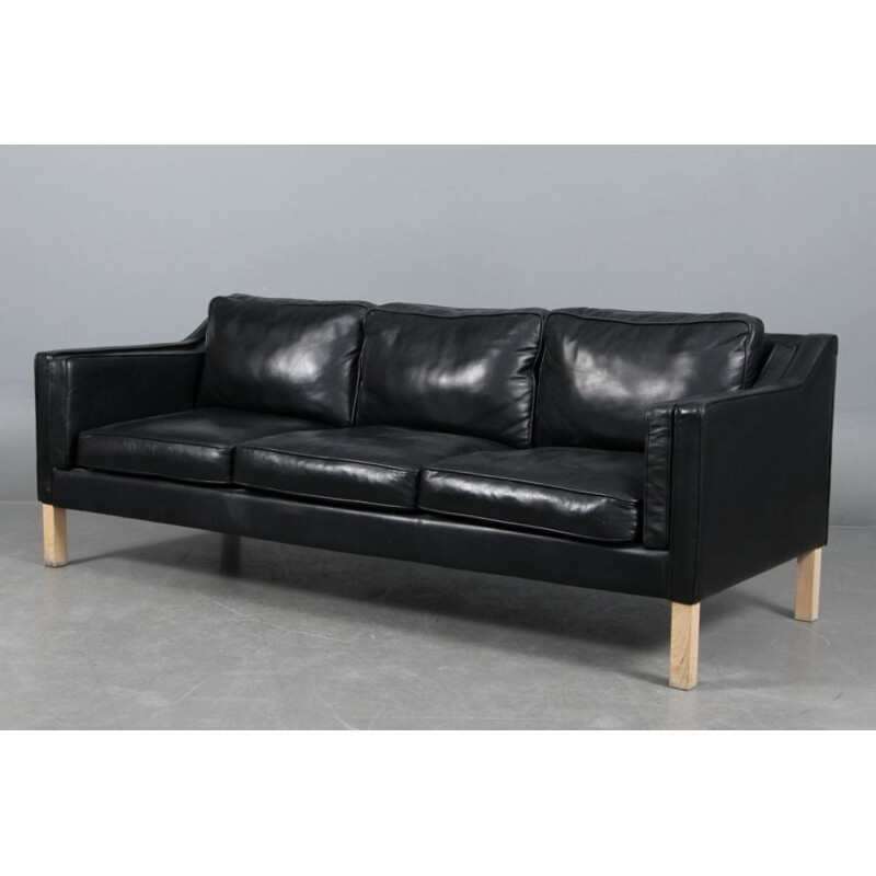 Vintage three seater black leather sofa, Danish