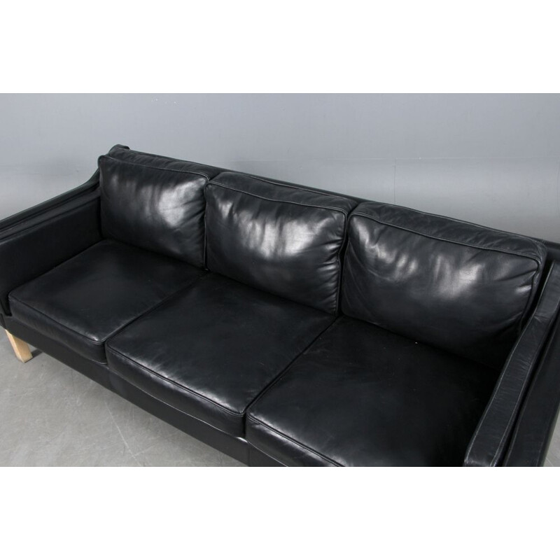 Vintage three seater black leather sofa, Danish