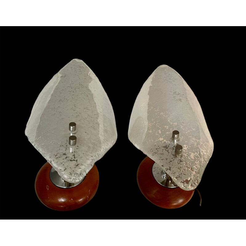 Pair of vintage wall lamps in murano glass and wood frame