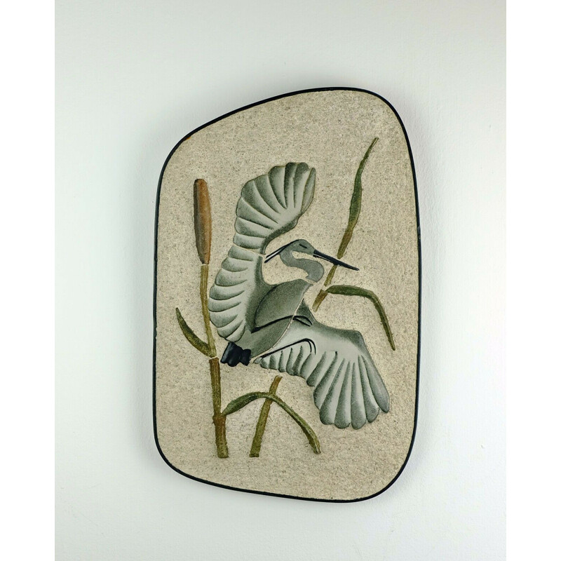 Large vintage wall tile heron in reed WGP by Kroesselbach 1950s