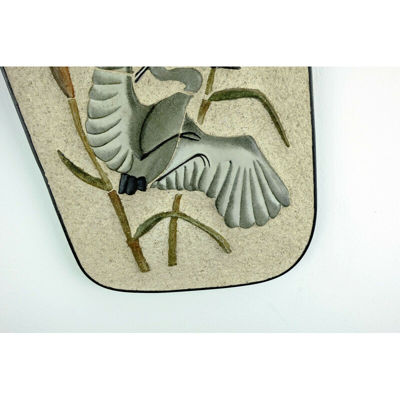 Large vintage wall tile heron in reed WGP by Kroesselbach 1950s