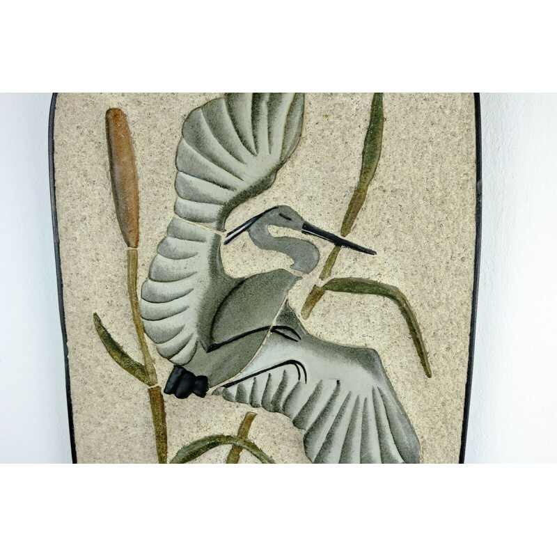 Large vintage wall tile heron in reed WGP by Kroesselbach 1950s