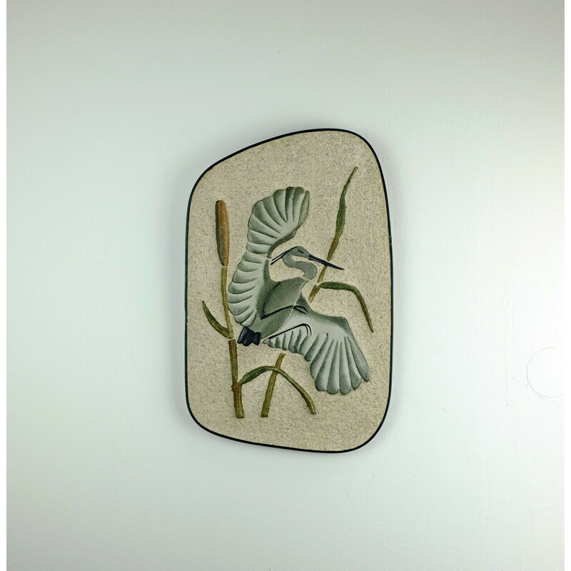 Large vintage wall tile heron in reed WGP by Kroesselbach 1950s