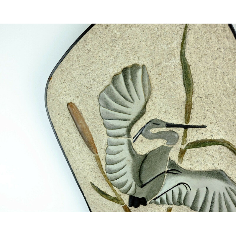 Large vintage wall tile heron in reed WGP by Kroesselbach 1950s