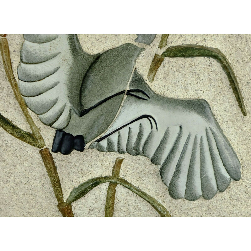 Large vintage wall tile heron in reed WGP by Kroesselbach 1950s