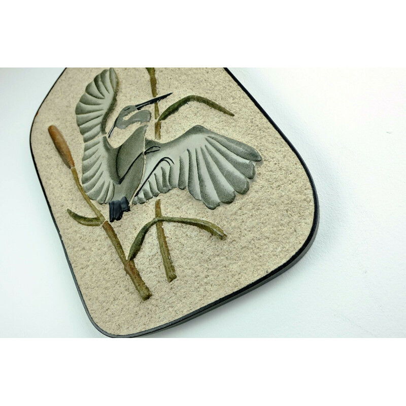 Large vintage wall tile heron in reed WGP by Kroesselbach 1950s