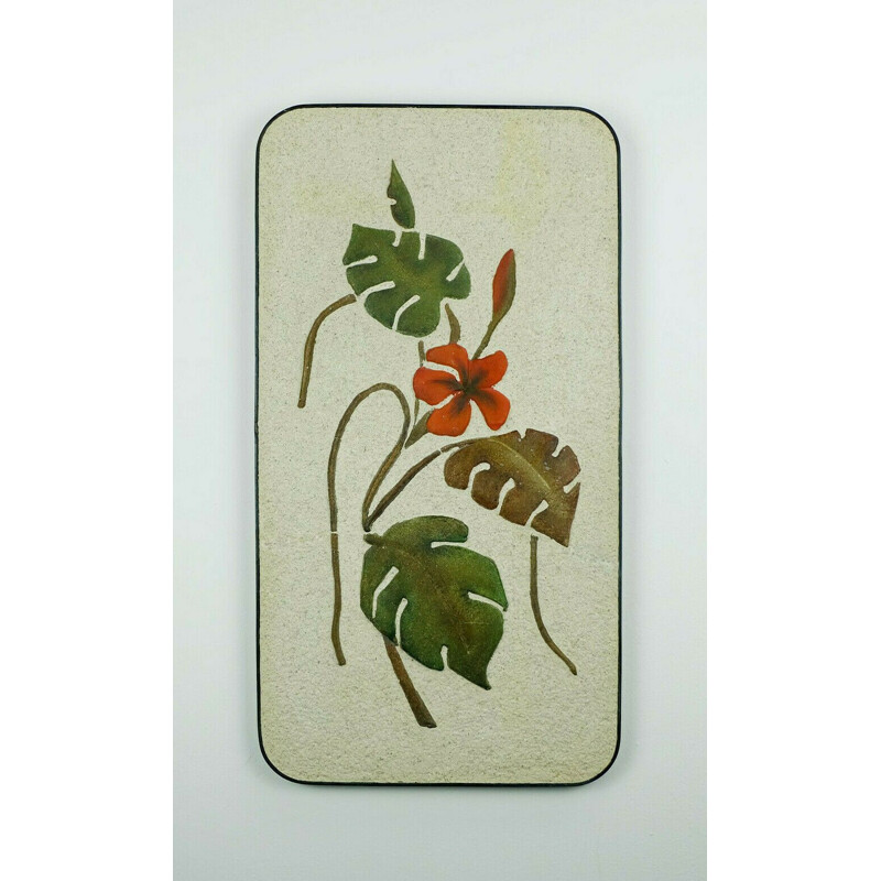 Large vintage ceramic and plaster wall tile WGP floral decor leaves and blossoms by kroesselbach 1950s