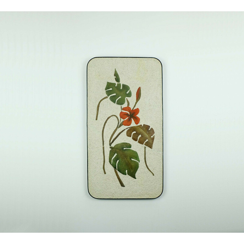 Large vintage ceramic and plaster wall tile WGP floral decor leaves and blossoms by kroesselbach 1950s