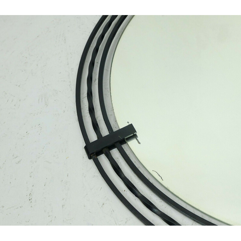 Large vintage round modern Wall Mirror with black wrought iron frame 1960s