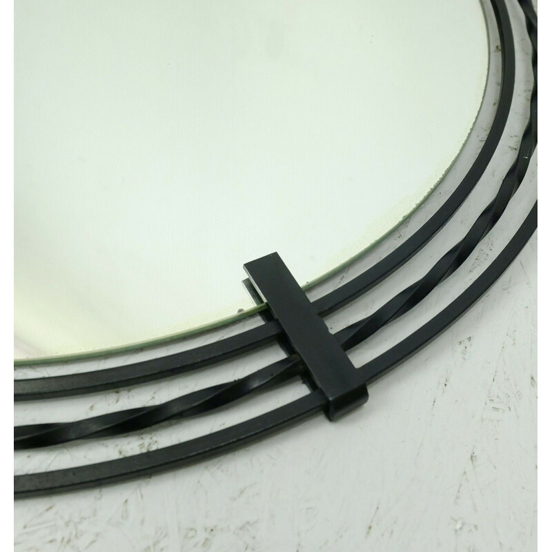 Large vintage round modern Wall Mirror with black wrought iron frame 1960s
