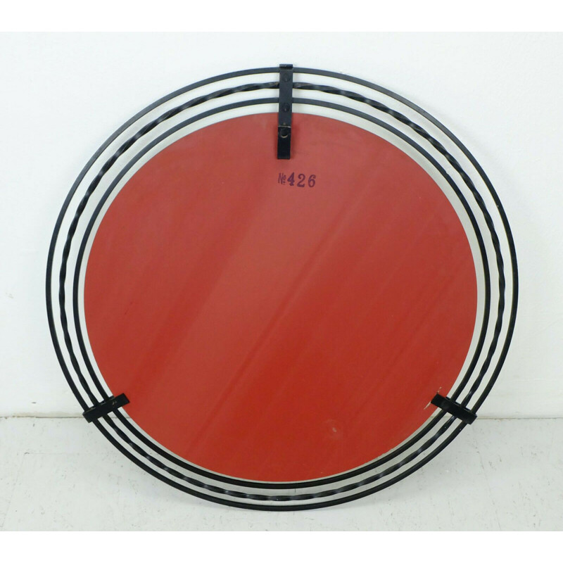 Large vintage round modern Wall Mirror with black wrought iron frame 1960s