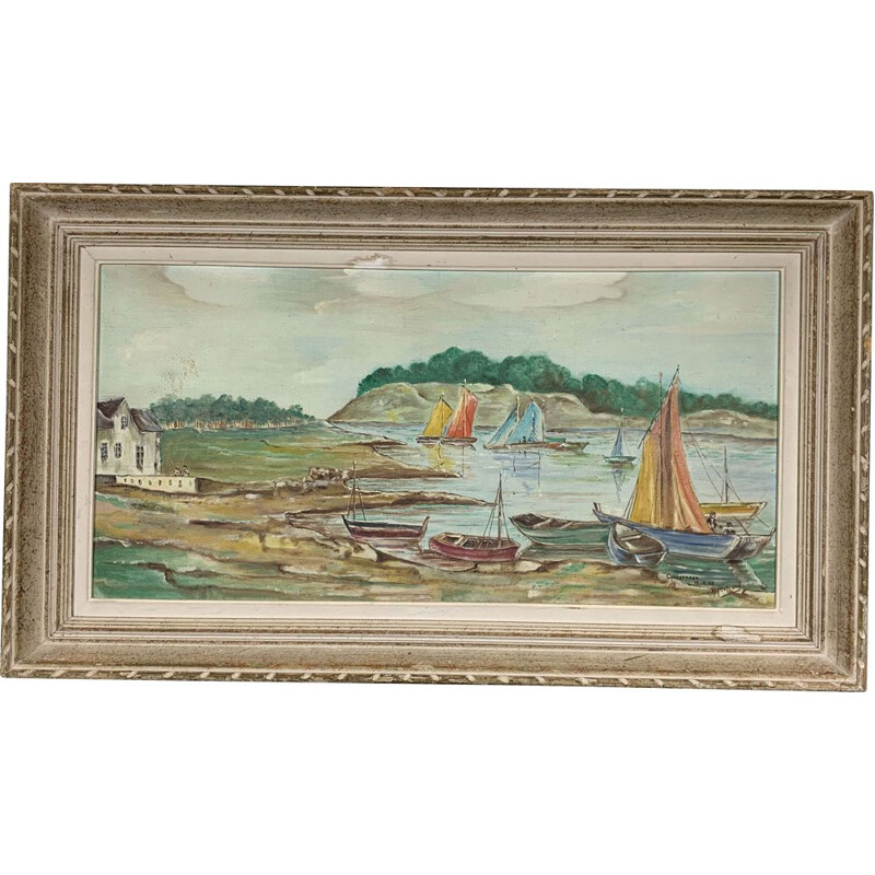 Vintage painting view of Concarneau by H. Mollard, Bretagne 1960s