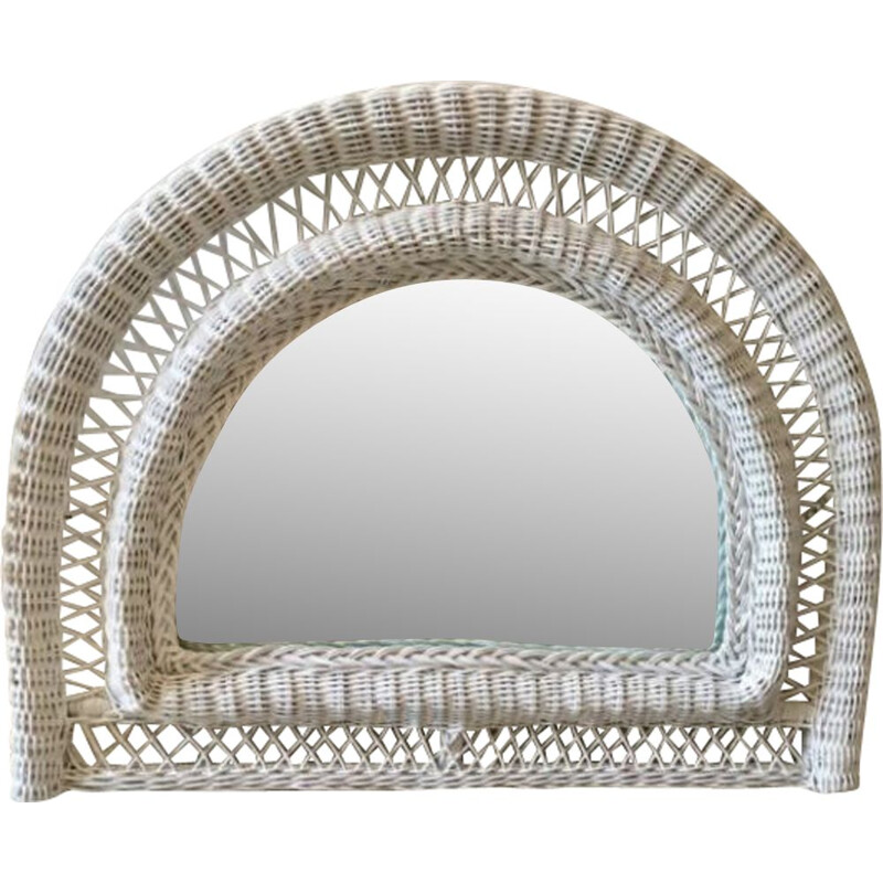 Vintage white half moon rattan mirror