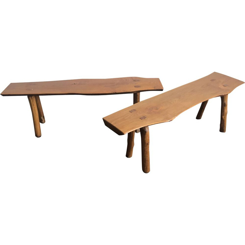 Pair of vintage solid elm benches 1970s