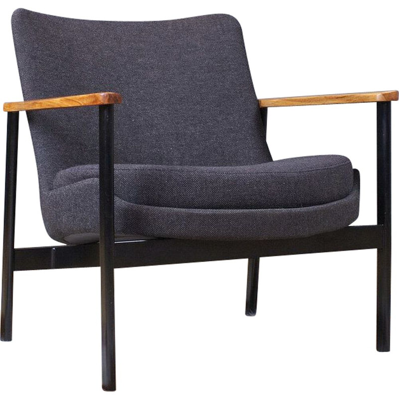 Vintage Ib chair in grey wool metal frame and beech armrests by Kofod Larsen 1972s