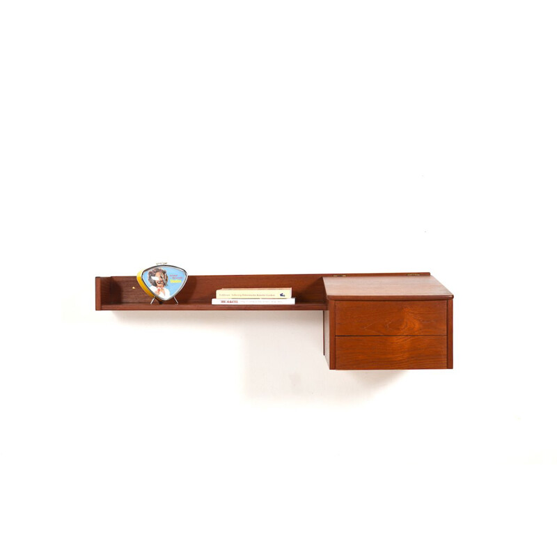 Vintage Teak Wall Shelf with Drawer and Compartment, Denmark 1950s