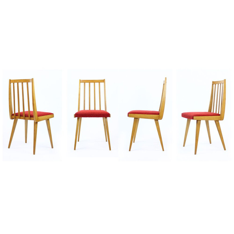 Set of 4 vintage Chairs In Blond Beech & Red Fabric, Czechoslovakia 1965s