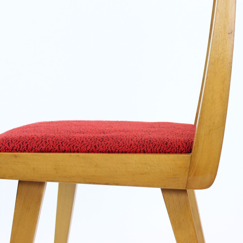 Set of 4 vintage Chairs In Blond Beech & Red Fabric, Czechoslovakia 1965s