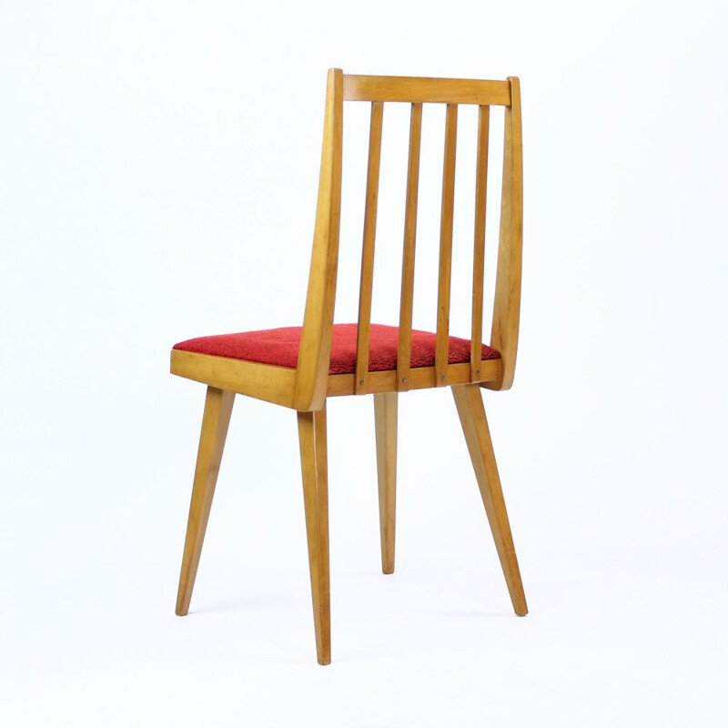 Set of 4 vintage Chairs In Blond Beech & Red Fabric, Czechoslovakia 1965s