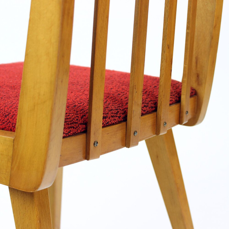 Set of 4 vintage Chairs In Blond Beech & Red Fabric, Czechoslovakia 1965s