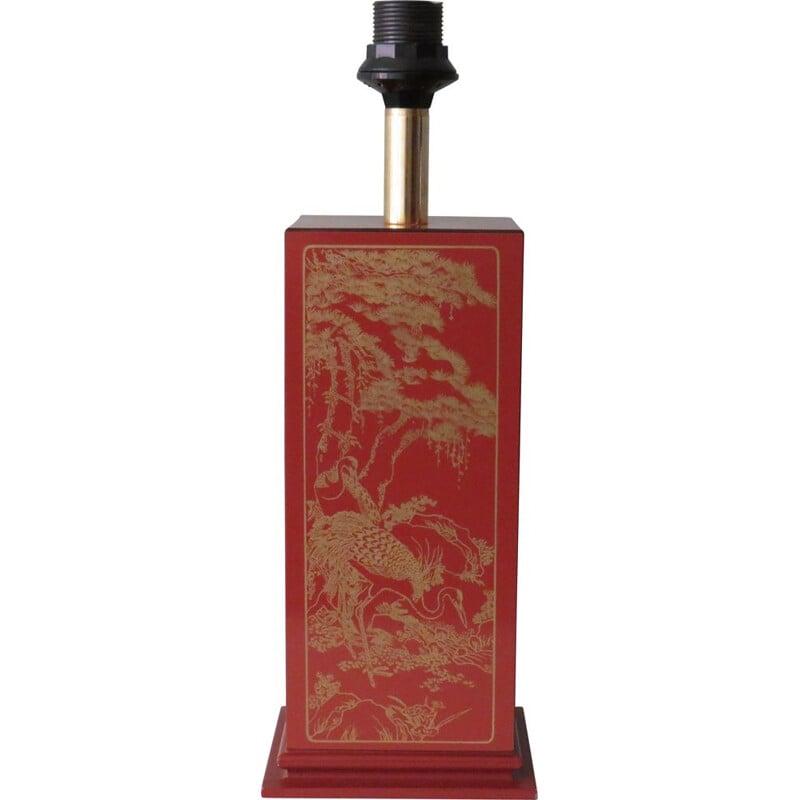 Pied de lampe vintage en bois laqué brun avec motif oriental, 1970