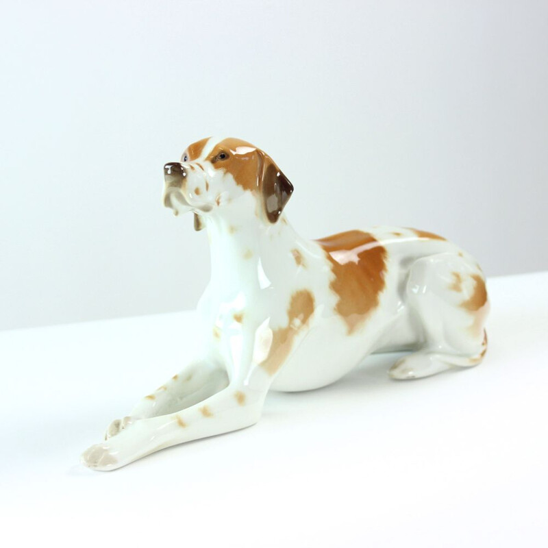 Statue de chien cintage en porcelaine de pointeur Lomonosov, Russie 1950