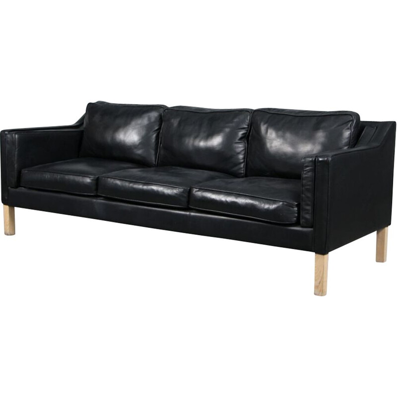 Vintage three seater black leather sofa, Danish