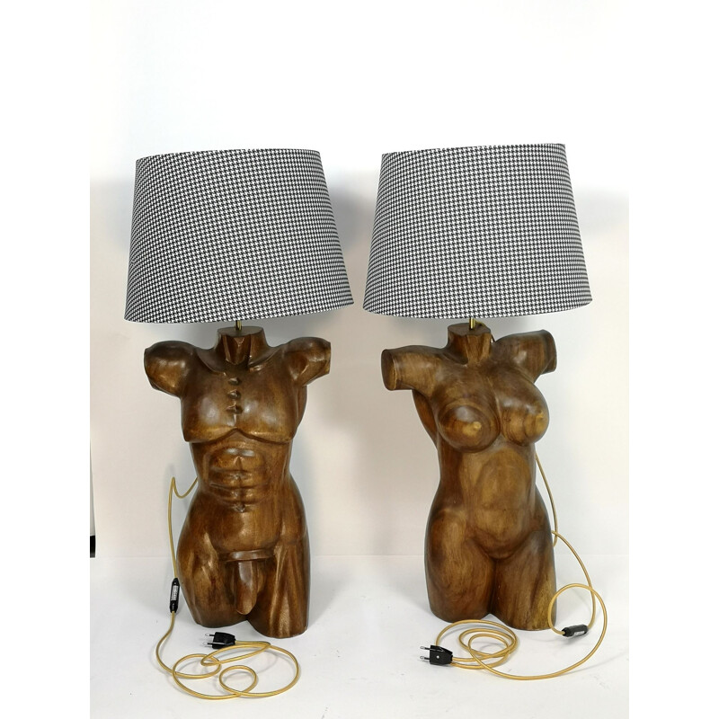 Pair of vintage hand-carved solid wood sculptural torso lamps, 1970