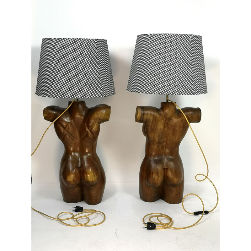 Pair of vintage hand-carved solid wood sculptural torso lamps, 1970
