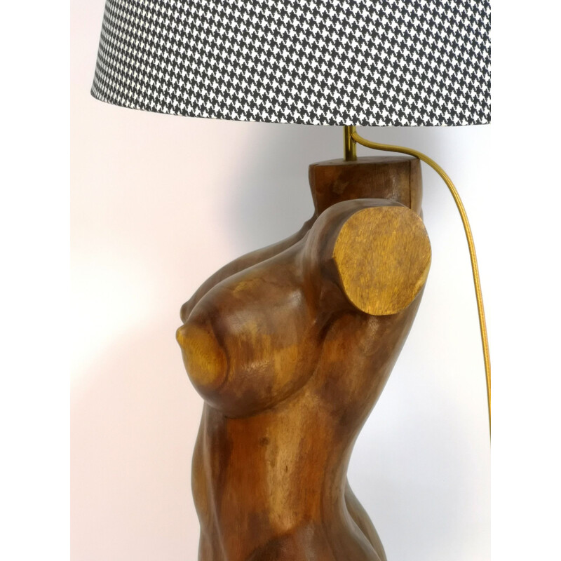 Coppia di lampade vintage a busto scultoreo in legno massiccio intagliato a mano, 1970