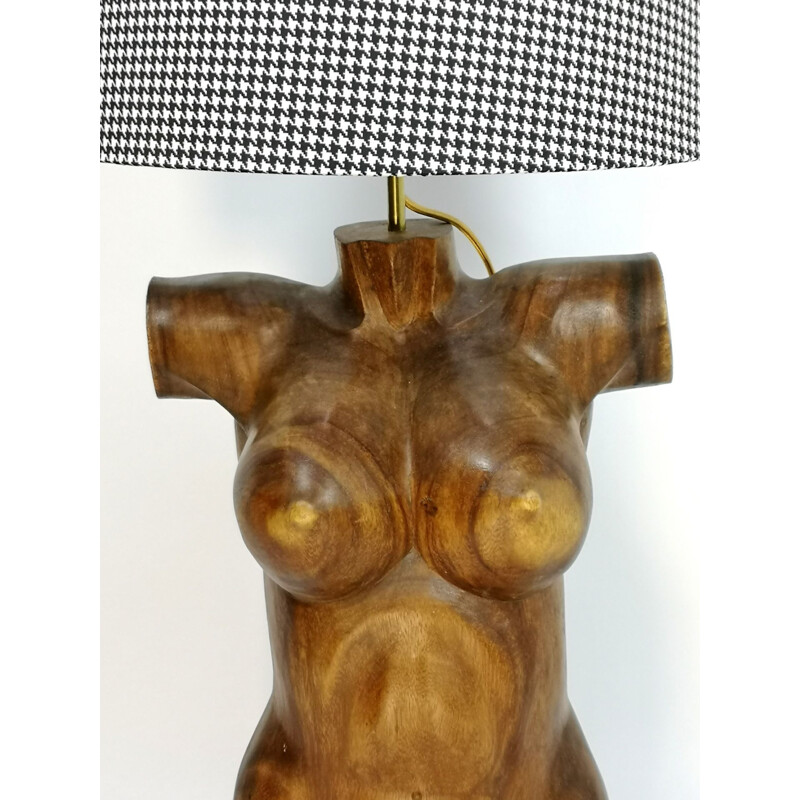 Coppia di lampade vintage a busto scultoreo in legno massiccio intagliato a mano, 1970