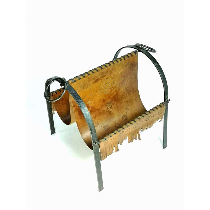 Vintage handmade cowhide and wrought iron magazine rack, 1970