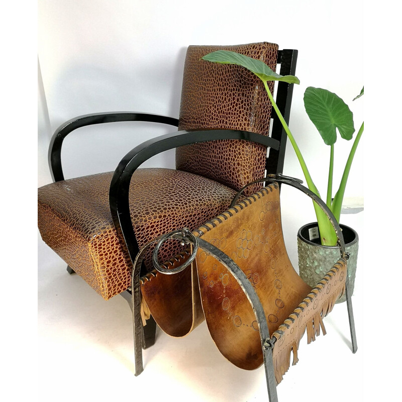 Vintage handmade cowhide and wrought iron magazine rack, 1970