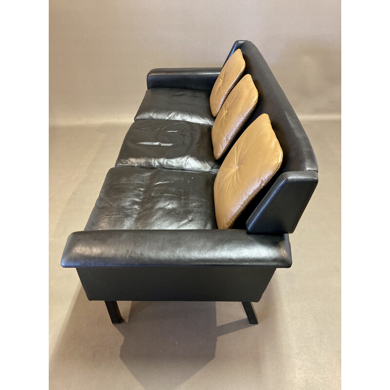 Vintage black leather sofa, Scandinavian 1950