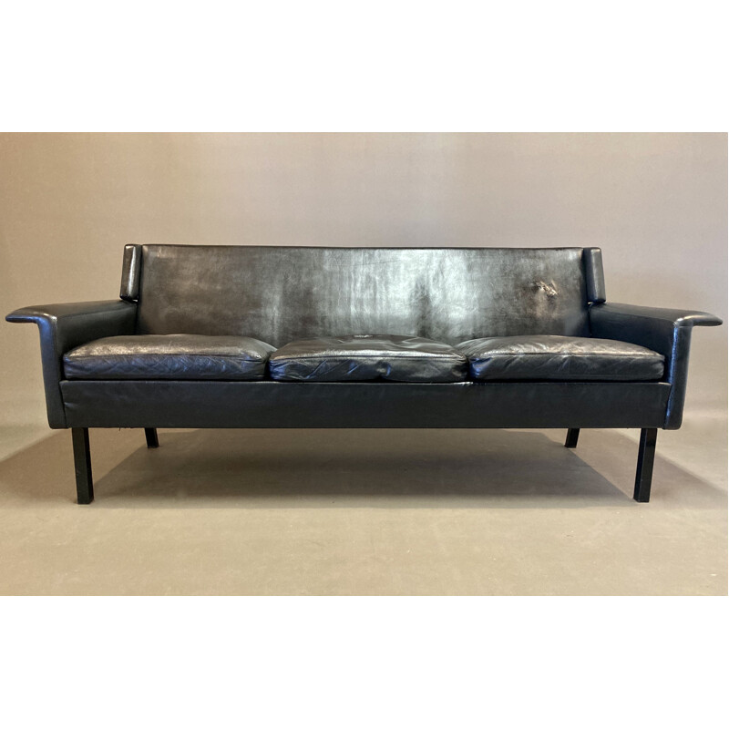 Vintage black leather sofa, Scandinavian 1950
