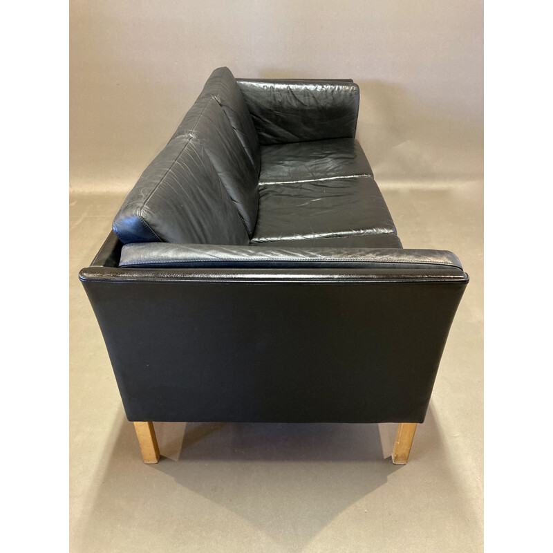 Vintage black leather 3 seater sofa, Scandinavian 1970