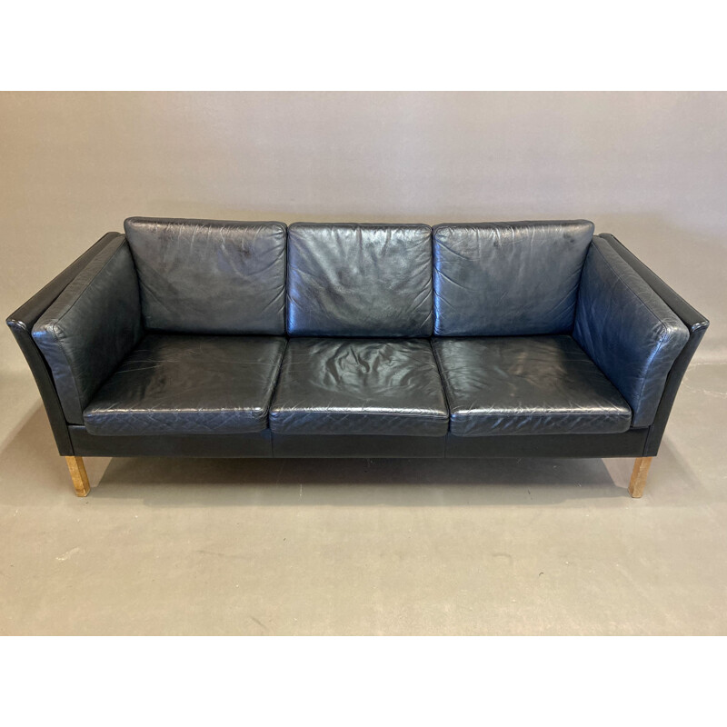 Vintage black leather 3 seater sofa, Scandinavian 1970