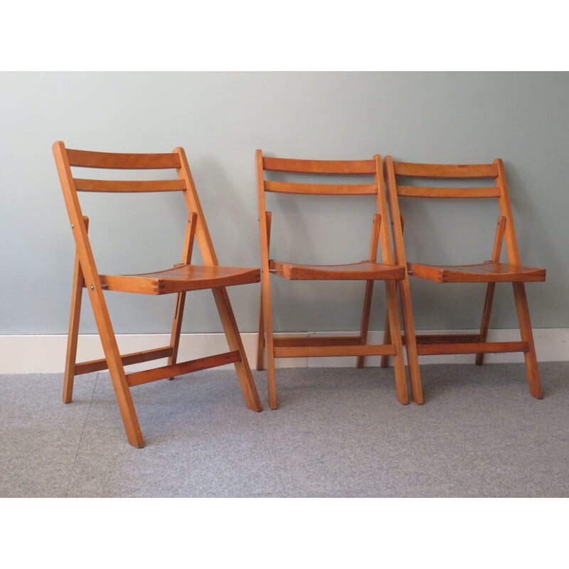 Set of 3 vintage wooden folding chairs 1970