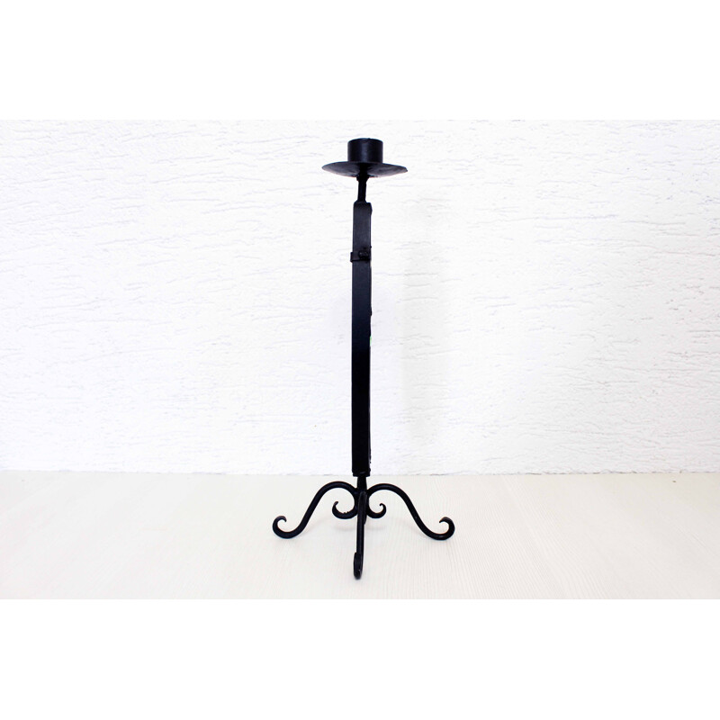 Vintage wrought iron candlestick with stained glass 1930