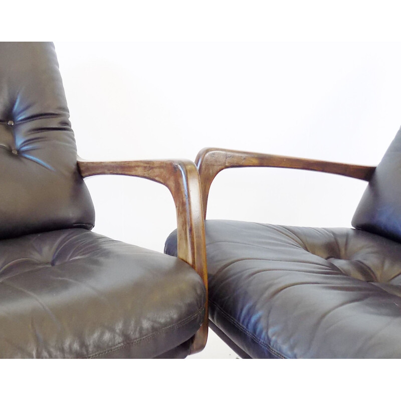 Pair of vintage black leather armchairs by Eugen Schmidt for Soloform, German 1960s