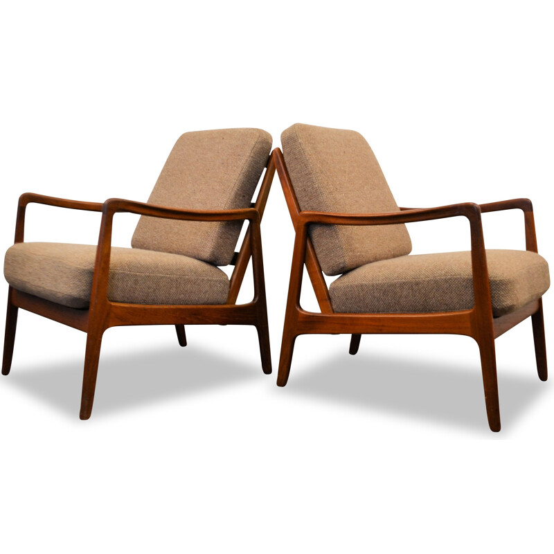 Pair of France & Son armchairs in teak and light brown fabric, Ole WANSCHER - 1960s