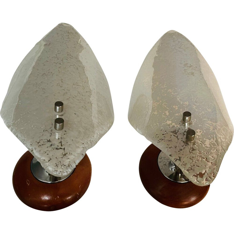 Pair of vintage wall lamps in murano glass and wood frame