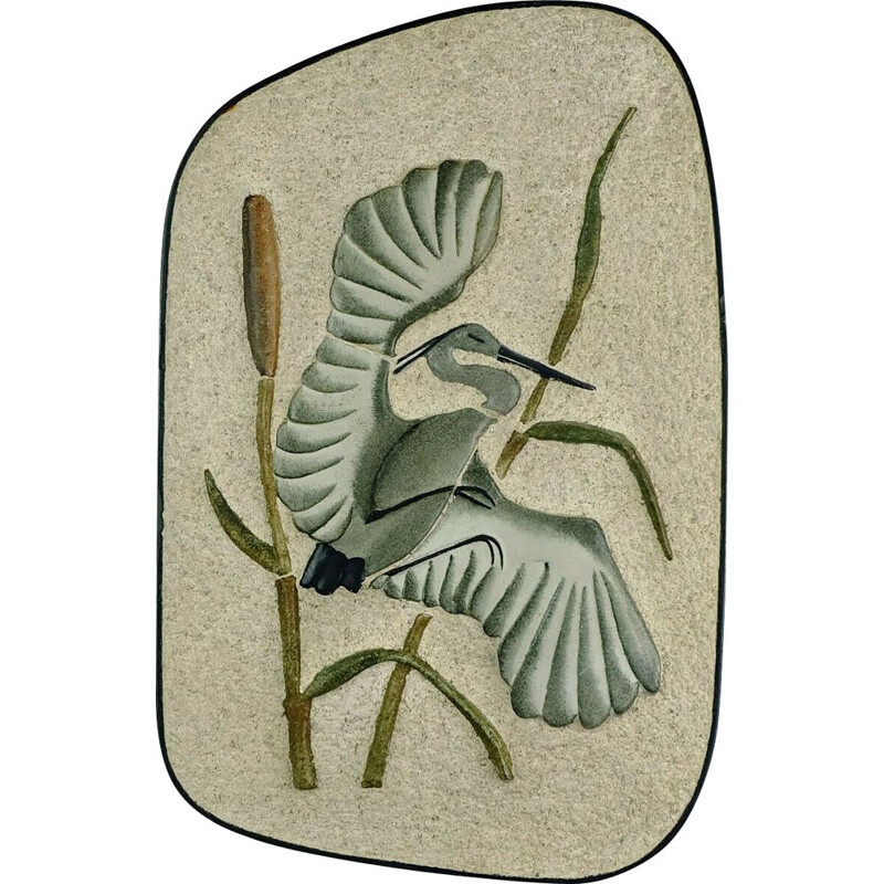 Large vintage wall tile heron in reed WGP by Kroesselbach 1950s