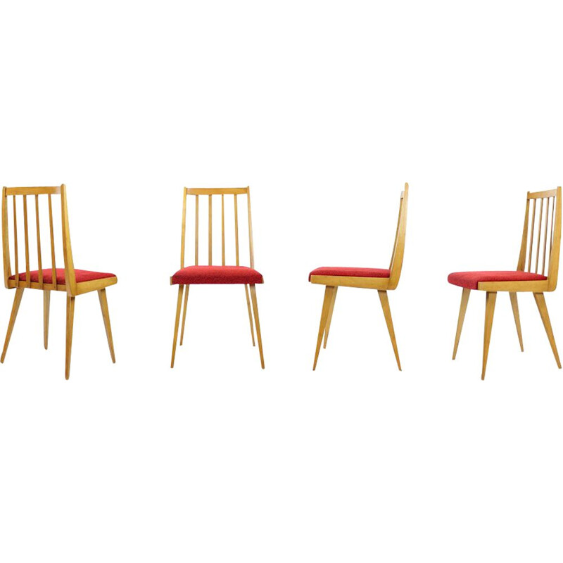 Set of 4 vintage Chairs In Blond Beech & Red Fabric, Czechoslovakia 1965s
