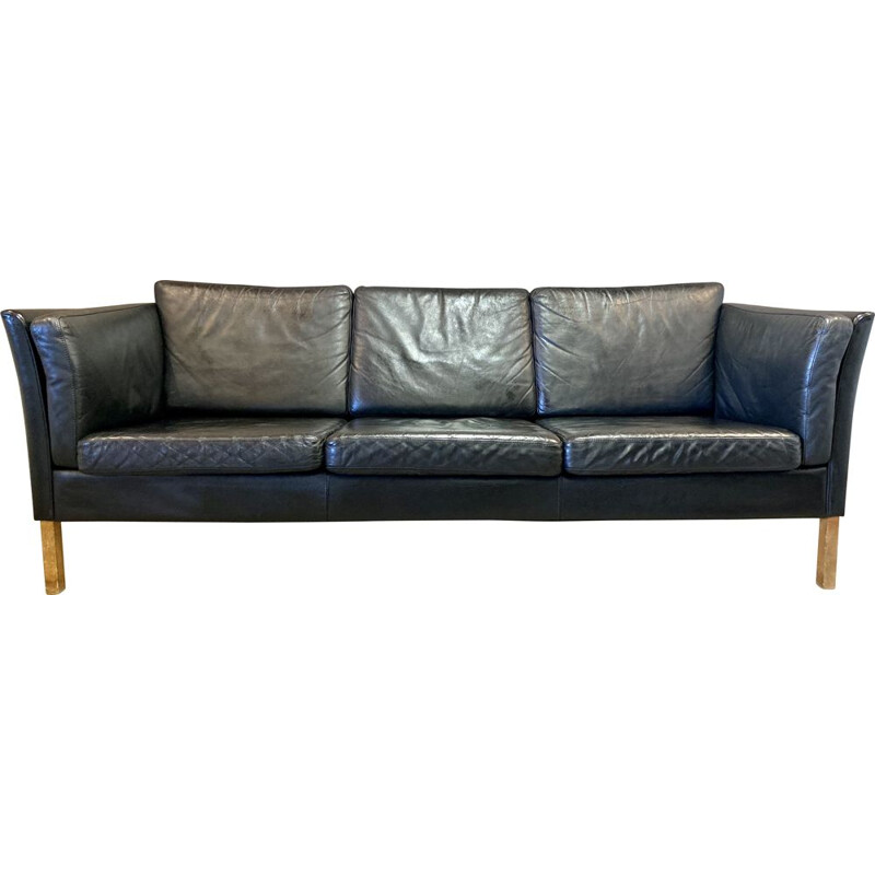 Vintage black leather 3 seater sofa, Scandinavian 1970