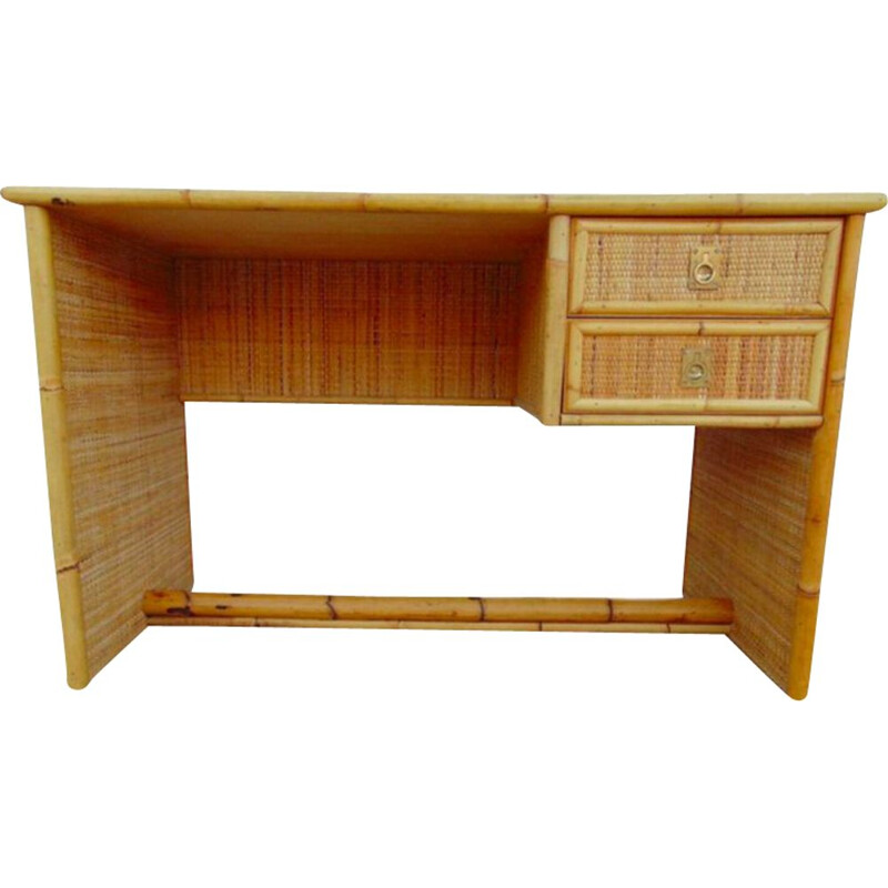 Vintage bamboo, rattan and brass desk by Dal Vera, Italy 1960s