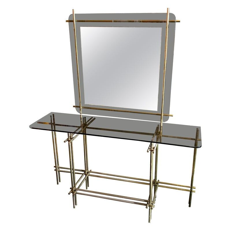 Vintage Modern Brass Console and Wall Mirror, Italian 1970s